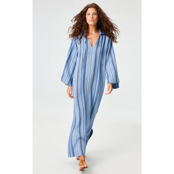 Lisa Marie Fernandez The Tunic Caftan In Sea Striped Linen Blue Maxi Dress NWT 0 - Picture 3 of 10